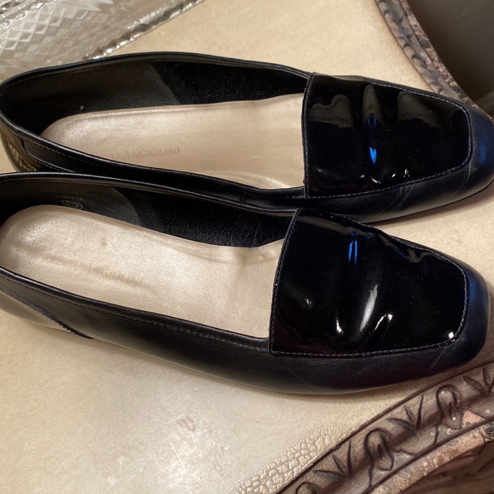 Enzo Angliolini black patent trimmed black leather flats